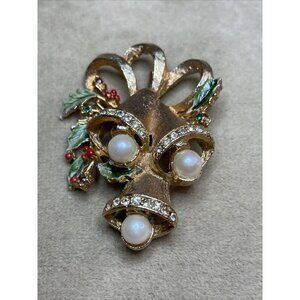 Christmas Bells Brooch Gold Tone With Faux Pearls And Rhinestone Detail